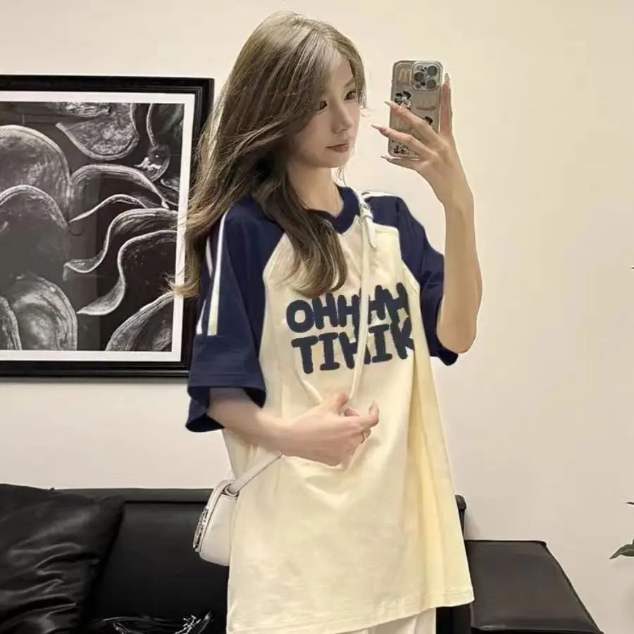 

American Vintage Splicing Short-sleeved T-shirt Women's New Summer Korean Version of Loose Student Color Shirt Ins