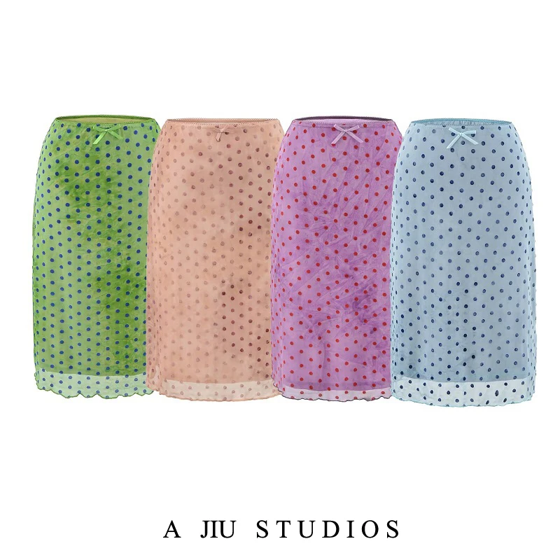 

Beach Vacation Style High Waist Polka Dot Mesh Half Skirt Women's Summer Knot Slimming Bodycon Short Half Skirt