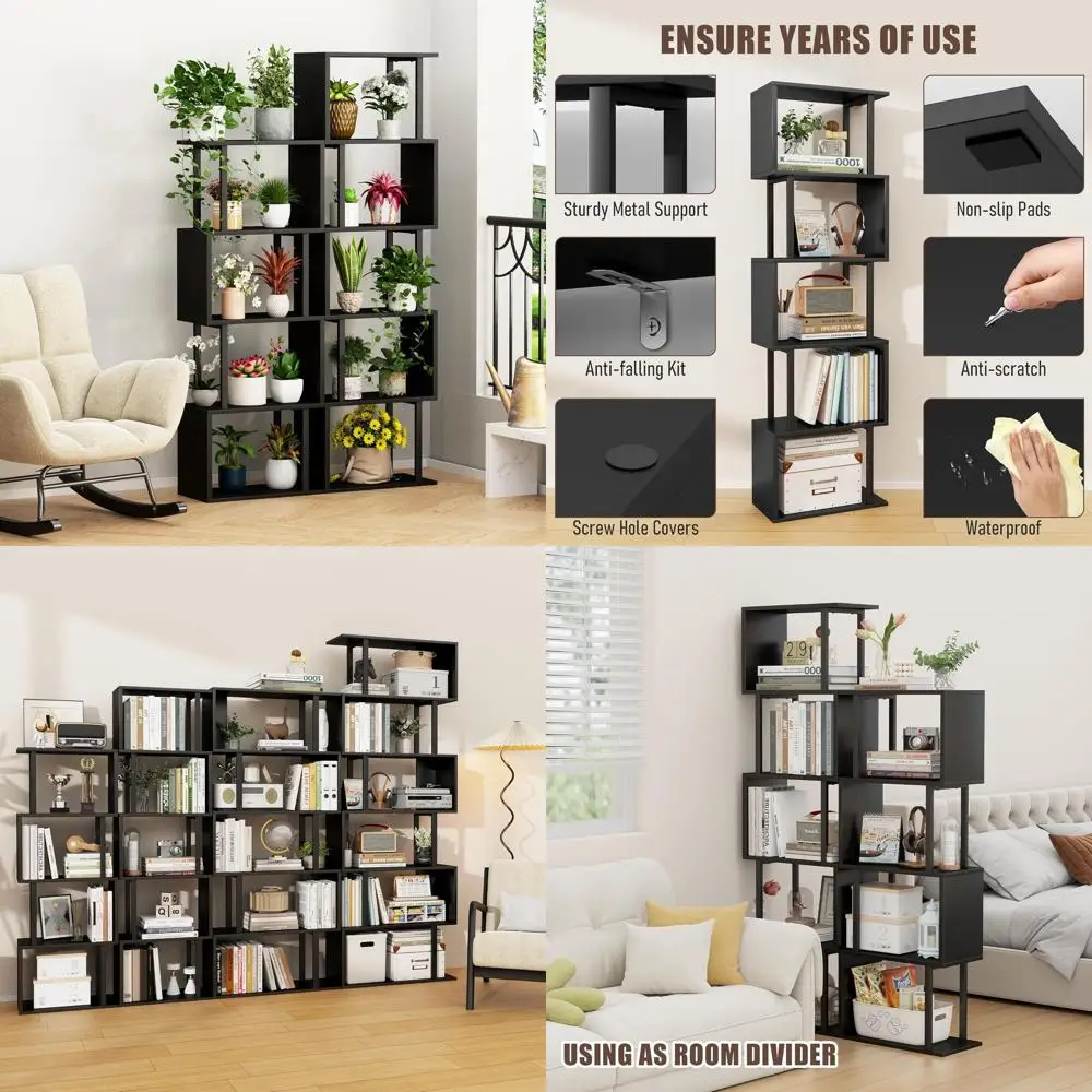 

Contemporary 5-Level S-Curved Wooden & Metal Bookshelf, Black, Ideal for Home & Office Display and Storage