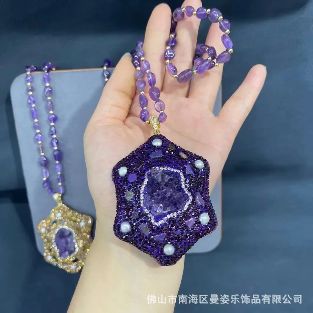 Natuurlijke Uruguayan Amethist Ingelegde Parel Trui Ketting Franse Zware Industrie Natuursteen Populaire Sieraden Groothandel