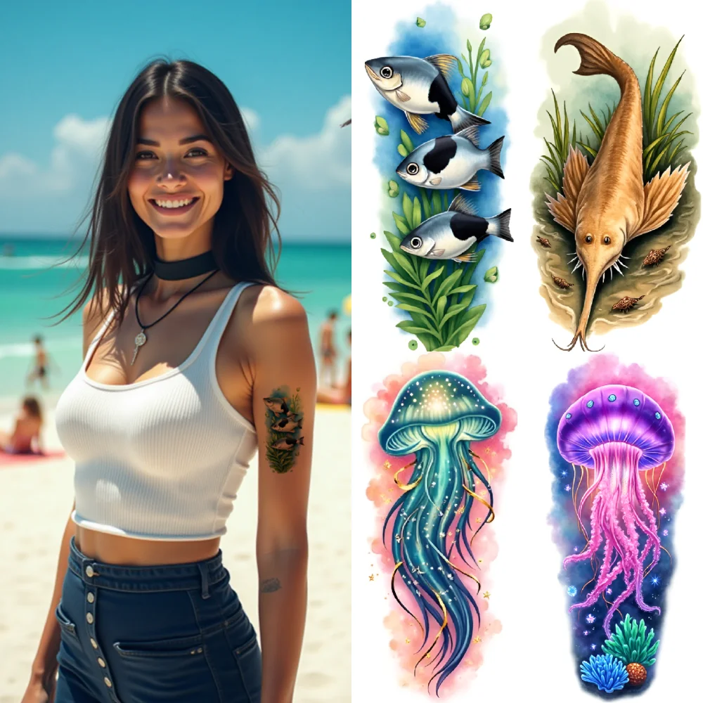 

12pcs Temporary Tattoo Coral Colorful Realism Octopus Sea Dragon Waterproof Long-lasting Body Stickers Seahorse For Back Arms