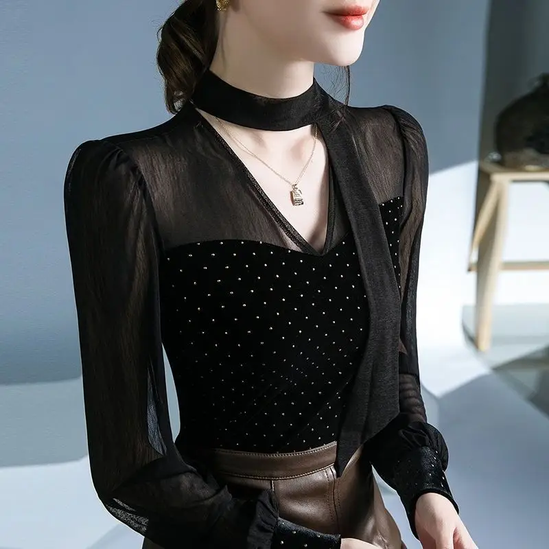 

Autumn New Fashion Sexy Patchwork Black V-neck Long Sleeve T-Shirt Ladies Fashionable Polka Dot Perspective Slim Undercoat Tops