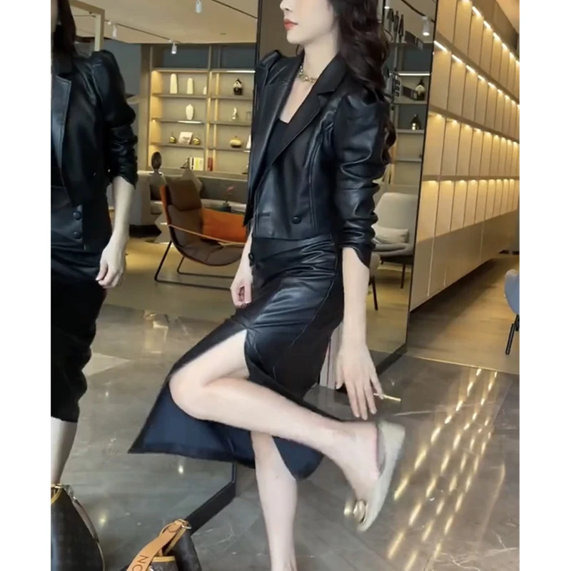 Autumn Winter PU Leather Casual Fashion Long Sleeve Coat High Waist Slim Bodycon Slit Skirt Set Women Elegant Jacket Skirt Suit