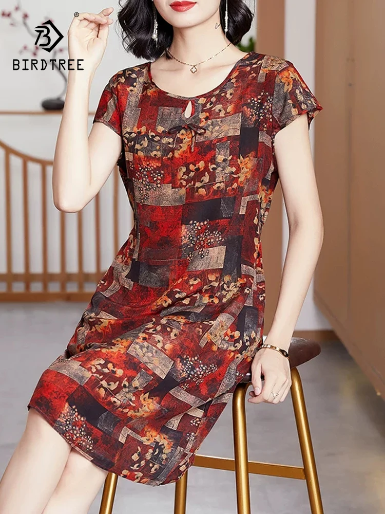 

BirdTree-100%Real Silk Women Elegant Dress, Short Sleeve Printed, Mom Temperament Luxury Loose Dresses, 2026 Spring New D63142CC