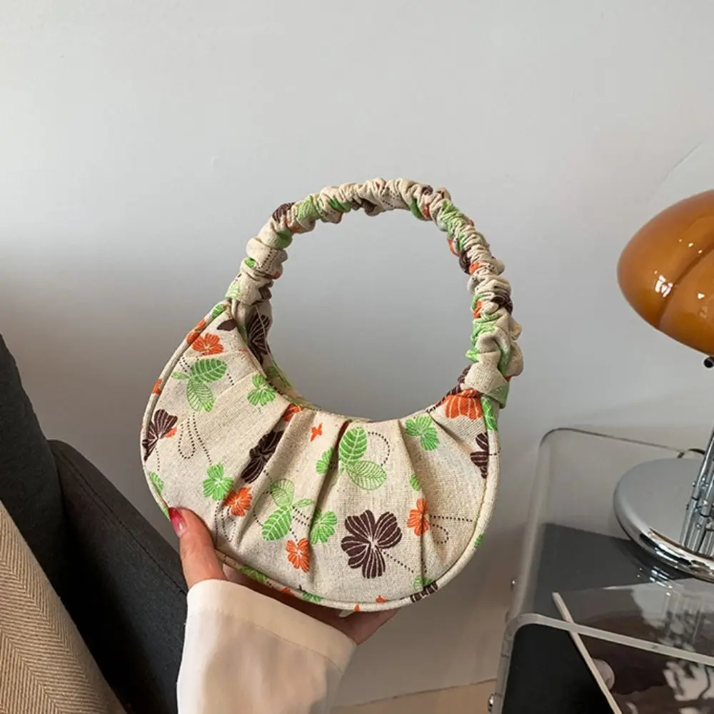 Casual Aardbei Wolk Schoudertas Geplooide Linnen Bedrukte Crossbody Tas Knoedel Opbergtas Geplooide Linnen Handtas Reizen