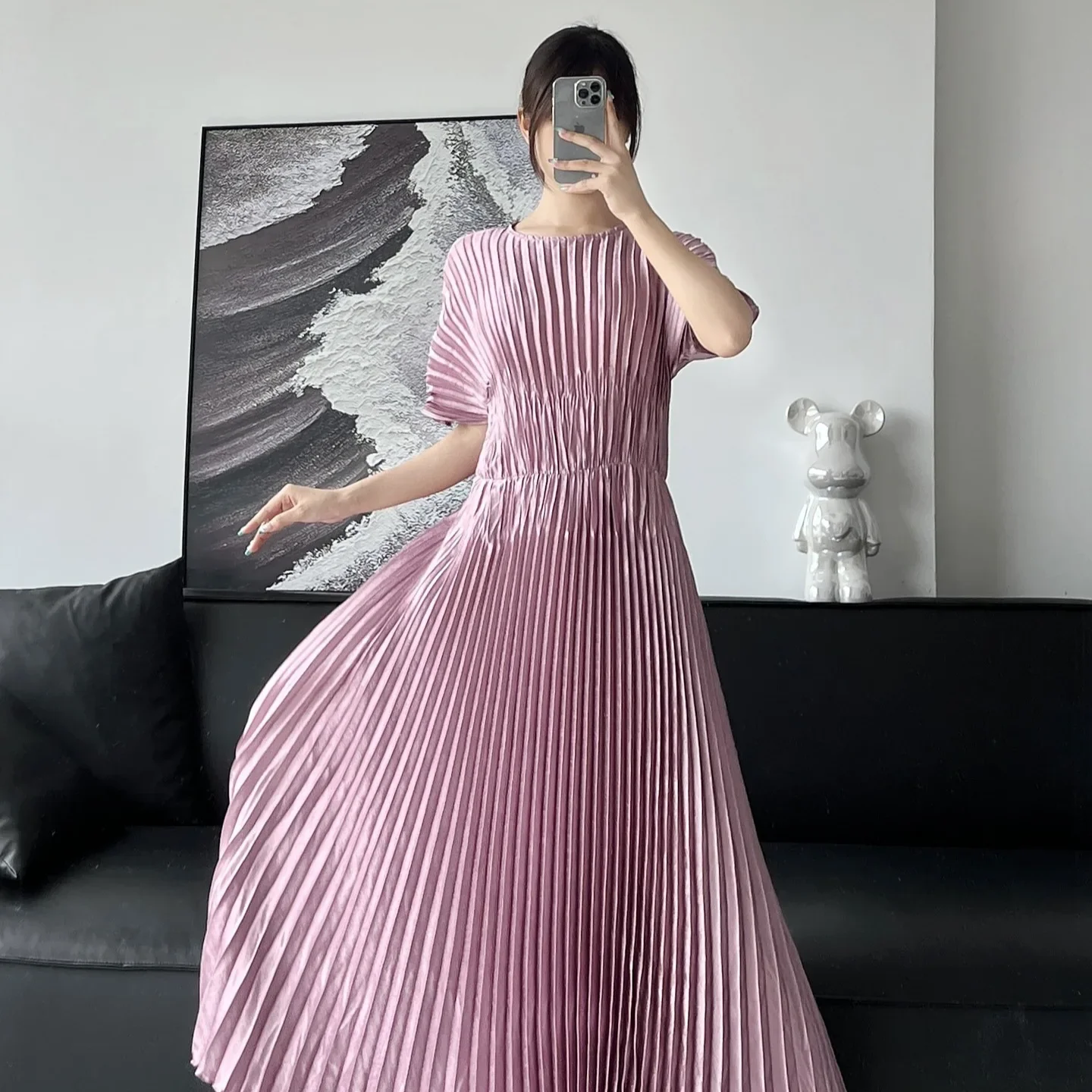 

Miyake Pleated Butterfly Sleeves Solid Color Elegant Slim Dress Women's Print Long Dress Beautiful Long Dresses 2024 Summer New