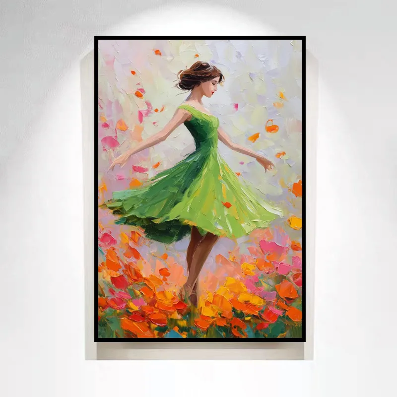 Beautiful Artwork Green Orange Girls Portrait Canvas Thick Wall Art Items New Women Wear Blue Dress Handpainted Oil Painting