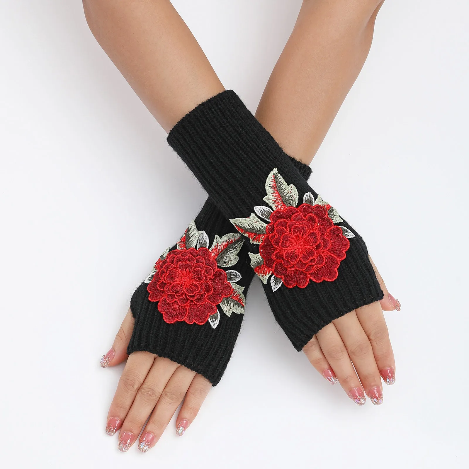 Guantes de flores bordadas para mujer, manoplas cortas de lana de punto, cálidas, sin dedos, otoño e invierno, 2023