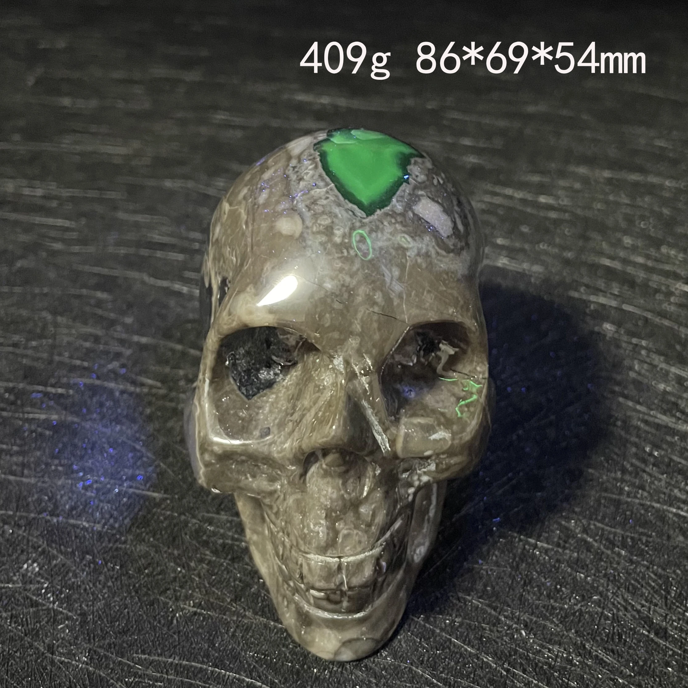 Natural Stone fluorescence effect Volcanic Agate Skull Head Crystal Carving Quartz Polished Rock Reiki Healing Gifts Decor