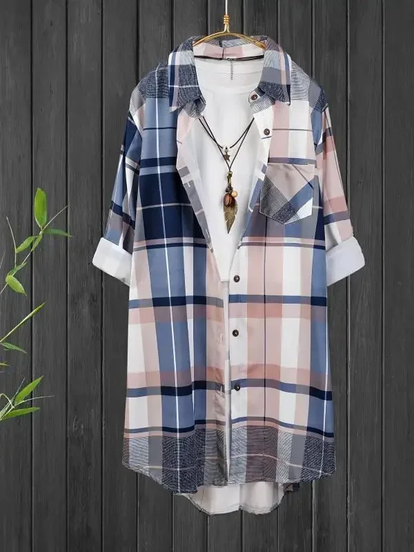 Women Long Plaid Shirt Turn Down Collar Short Sleeve Button Down Loose Longline Checkered Tunic With Chest Pocket