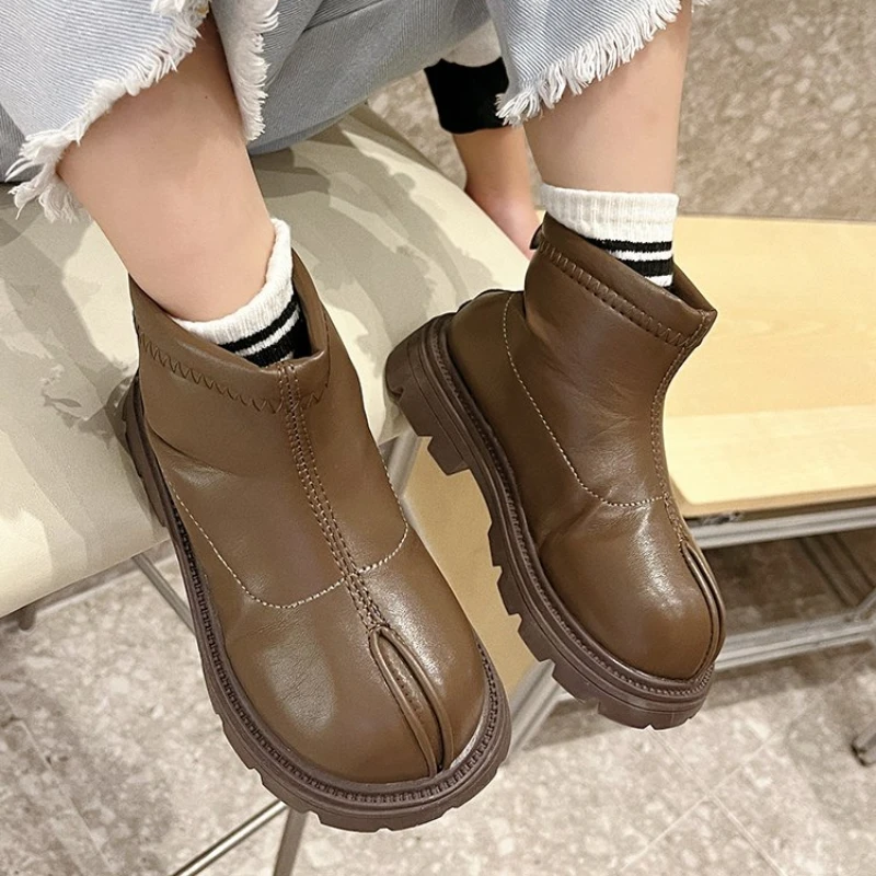 Classic Girls Boots for Winter Solid Color Kids Causal Cotton Boots Fashion Warm Plush Children Versatile Ankle Boots Matte PU