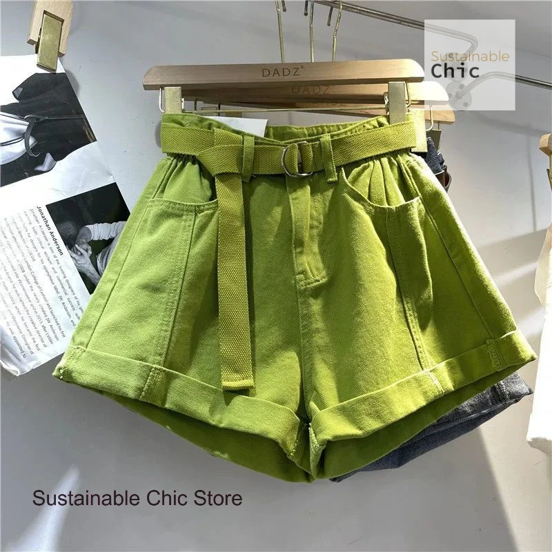 

Korean fruit green fat mm casual jeans women's summer new washed elastic waist curling wide-leg shorts Joker slim hot pants.
