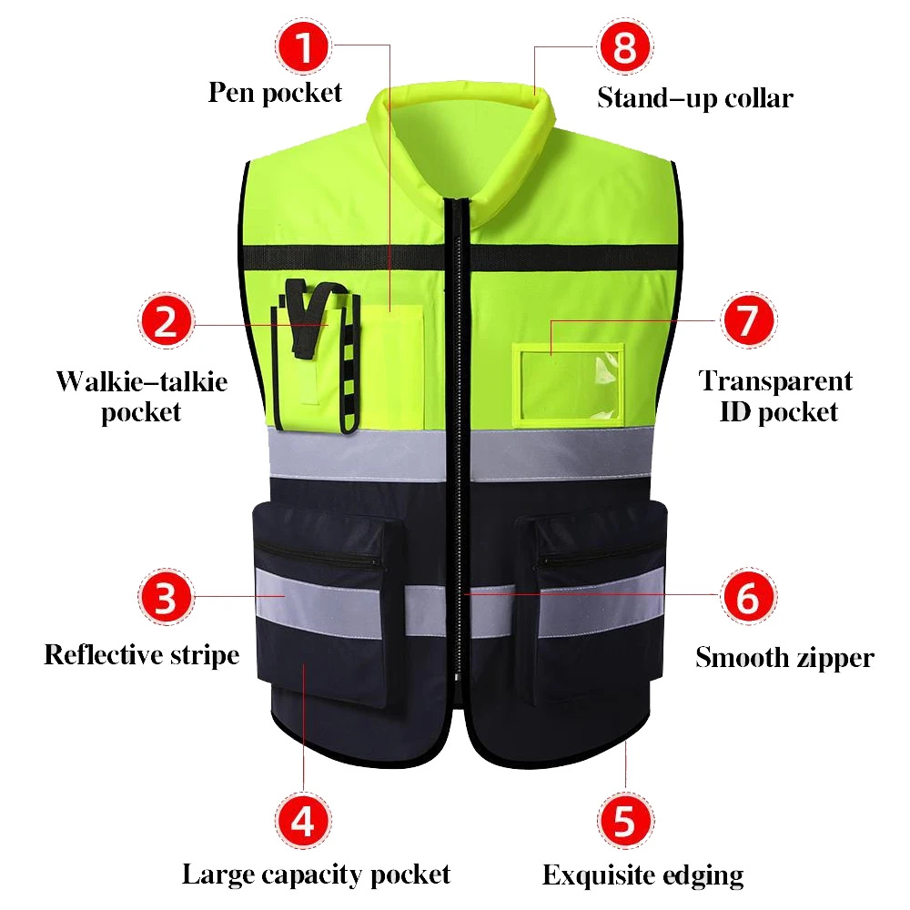 Reflective Safety Vest High Visibility Working Clothes for Men Women Construction Worker Multi Pockets Two Tone Hi Vis Vest