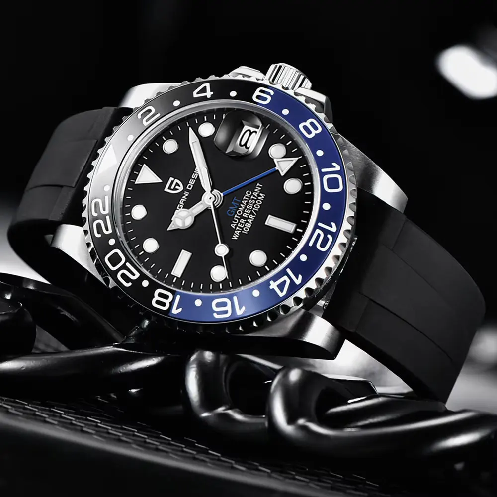 

PAGANI DESIGN 40 мм GMT мужские механические часы с резиновым ремешком вращающийся безель 100 водонепроницаемые спортивные наручные часы мужские деловые часы