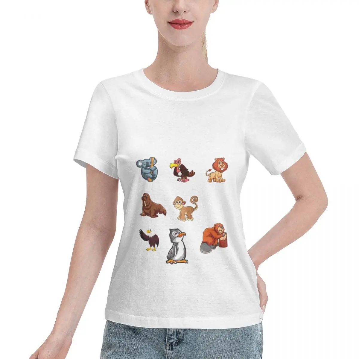 Cozy Loungewear Different Animals Stickers Women's T-shirt Casual Street Women T-Shirt