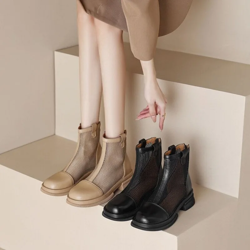 Women's Summer Cool Boots Breathable Hollow Out Boots High Quality Leather Mesh Boots for Women Mesh Cool Boot Zip Ankle Booties