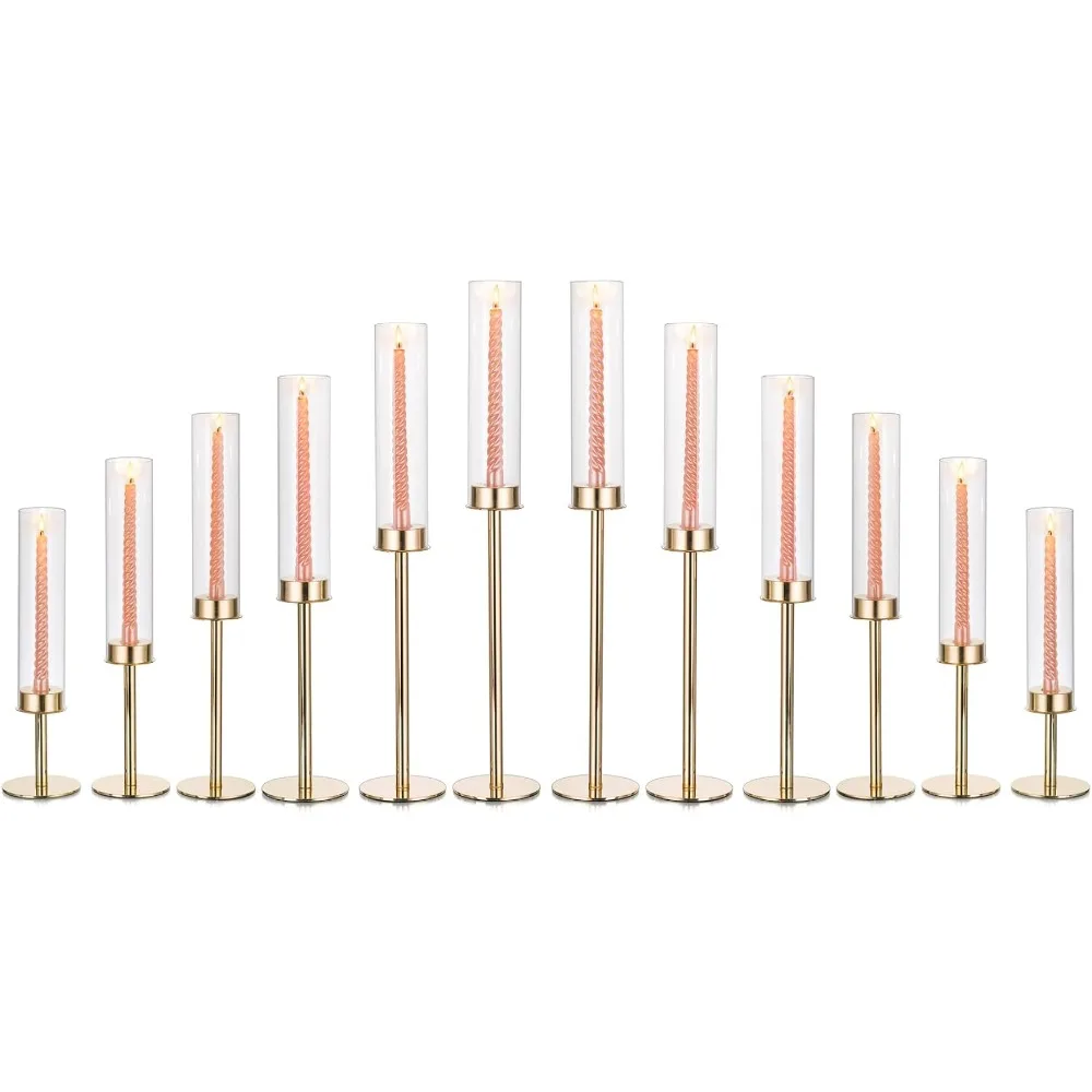 

Set of 12 Gold Hurricane Candle Holder for Taper Candles Tall Candlestick Holders for Table Home Decoration Freight Free Decor