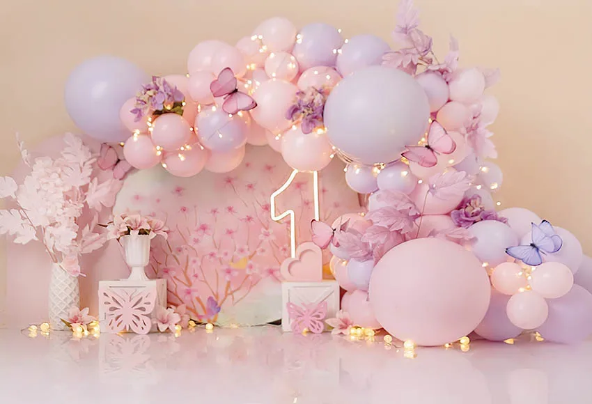 Mehofond Photography Background Pink Flowers Balloons Butterfly Girls 1st Birthday Party Cake Smash Decor Backdrop Photo Studio