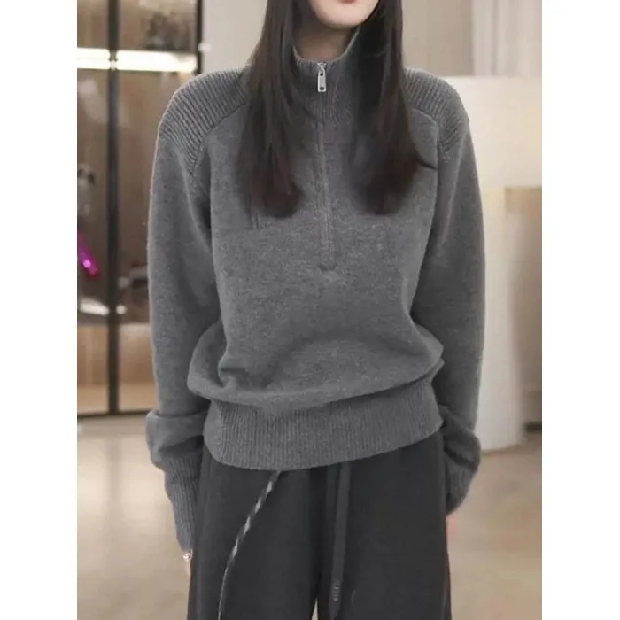 

Свитер больших размеров женский осенне-зимний, стройнящий, на молнии, с воротником-стойкой, вязаный, свободный, длинный, повседневный, стильный