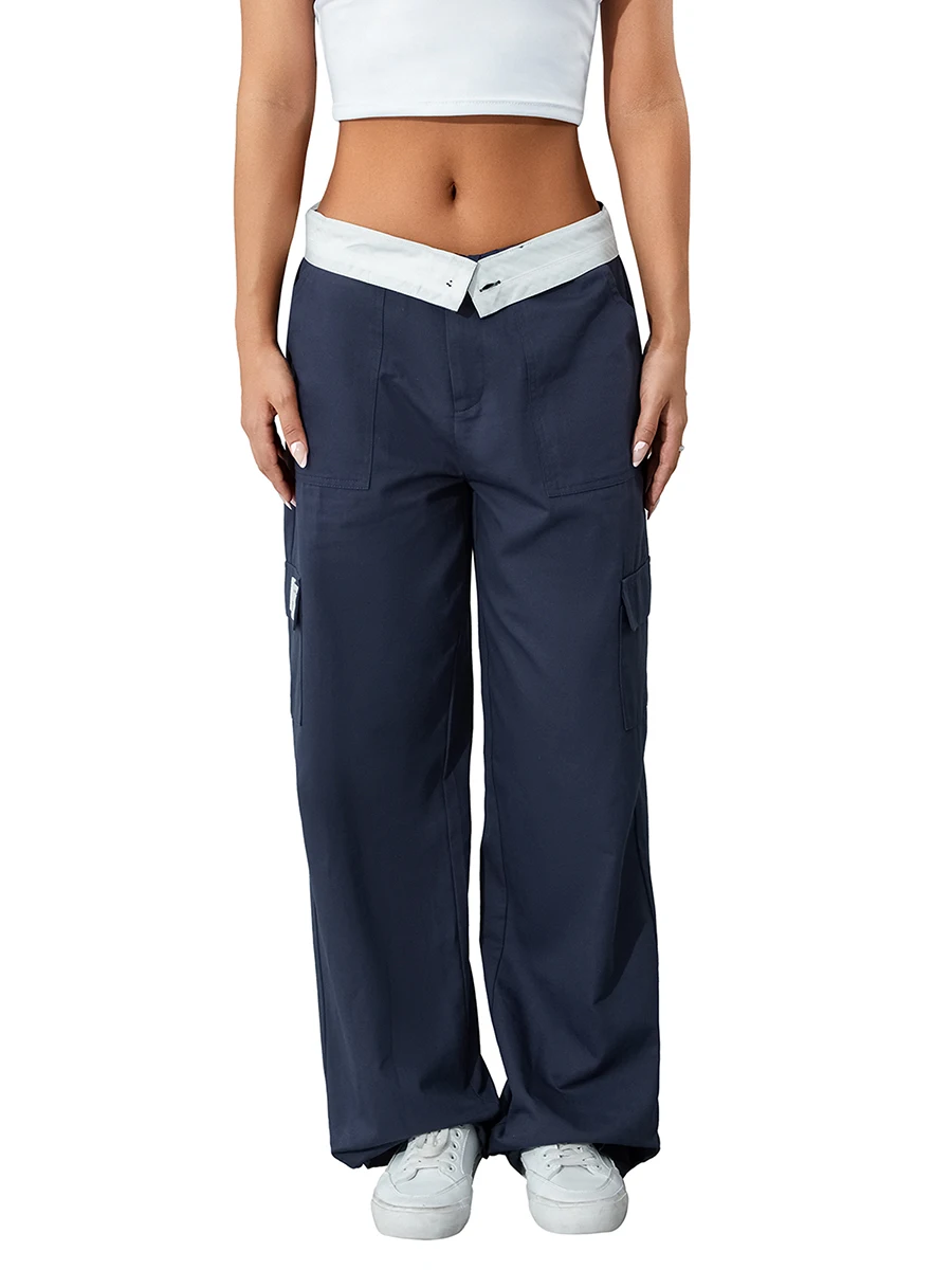 

Women Casual Cargo Pants Dark Blue Patchwork Straight-leg Trousers with Multiple Pockets S M L