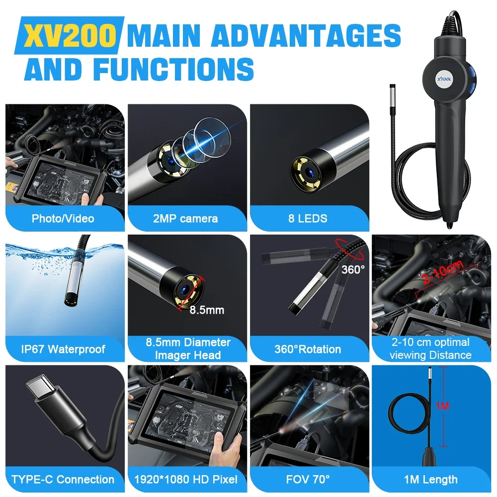 XTOOL XV200 Inspection Camera HD Automotive Industrial Endoscope Waterproof Borescope Camera with 8 LEDs Work with D7/D8S/D9SPRO