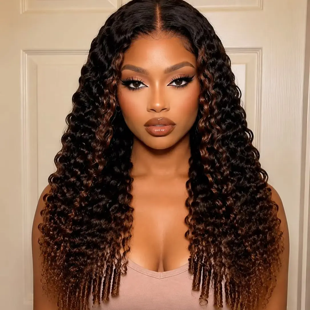 AliPearl Glueless Burmese Curly Black Ombre Brown Colored 5x7 Lace Closure Wig with Drawstring Ready to Go Human Hair