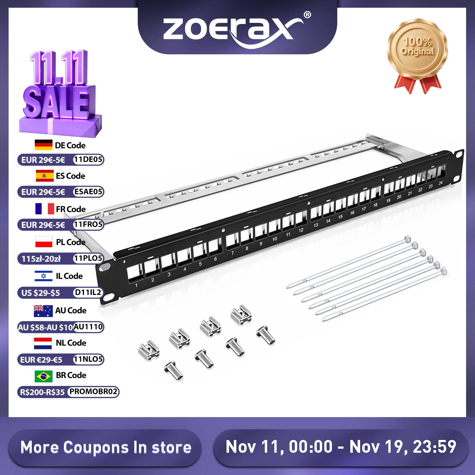 Panel de conexión ZoeRax Cat6A Cat7 de 24 puertos con soporte Keystone 10G, Panel de conexión acoplador Keystone Jack STP blindado de 19 pulgadas