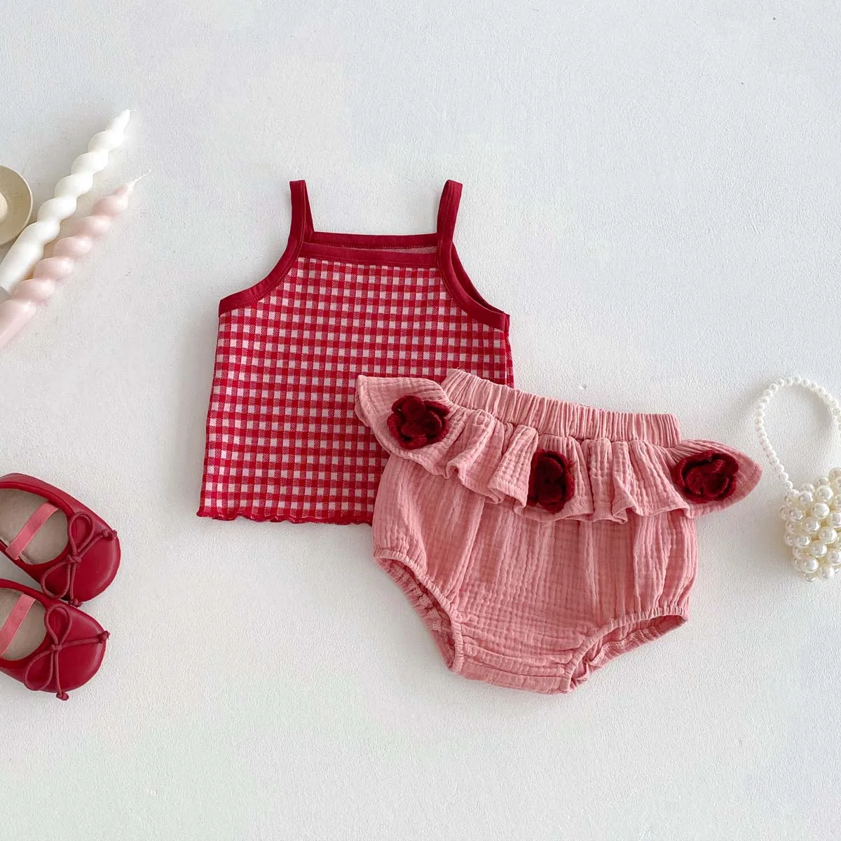 Versión coreana de niñas verano a cuadros condole top pink bud shorts 2 traje, verano niñas dulce y encantador 2 traje, muy a menudo a casa