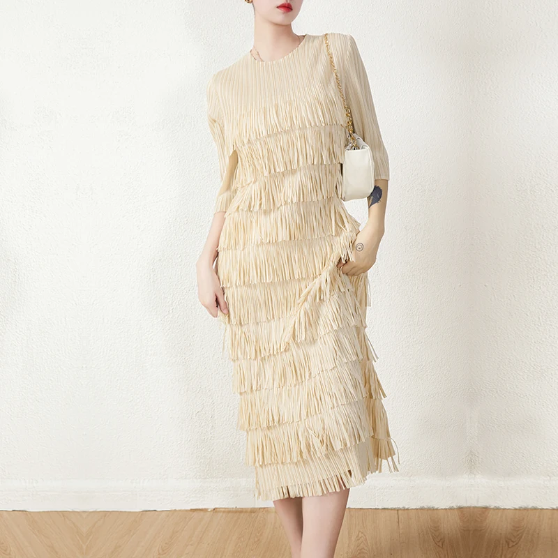 

New Arrivals 2024 High Quality Polyester Pleated Tassel Dresses Womens Casual Dresses