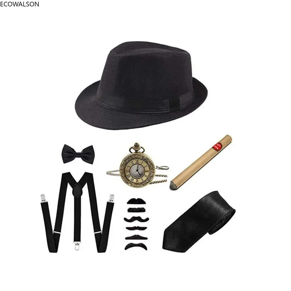 5 Pieces Stage Clothing Accessories Set 30s Manhattan Gangster Beret Y-Back Suspender Necklace 1920s Men's Gatsby Costume 30