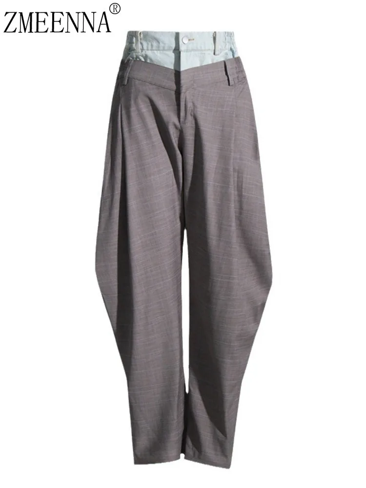

ZMEENNA Women's High-Waisted Wide-Leg Pants Unique Double-Waistband Design With Contrast Layer Loose-Fit Trousers Slacks ZM581