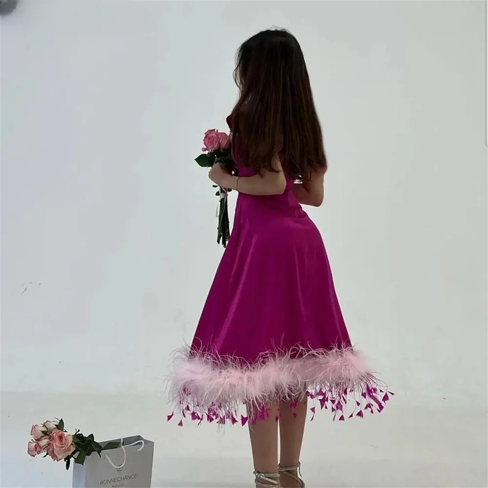 Prom Dress Mode Roze Hoge Hals Veren Lovertjes Een Lijn Avondjurk Thee Lengte Elegante Formele Prom Gown Vestidos