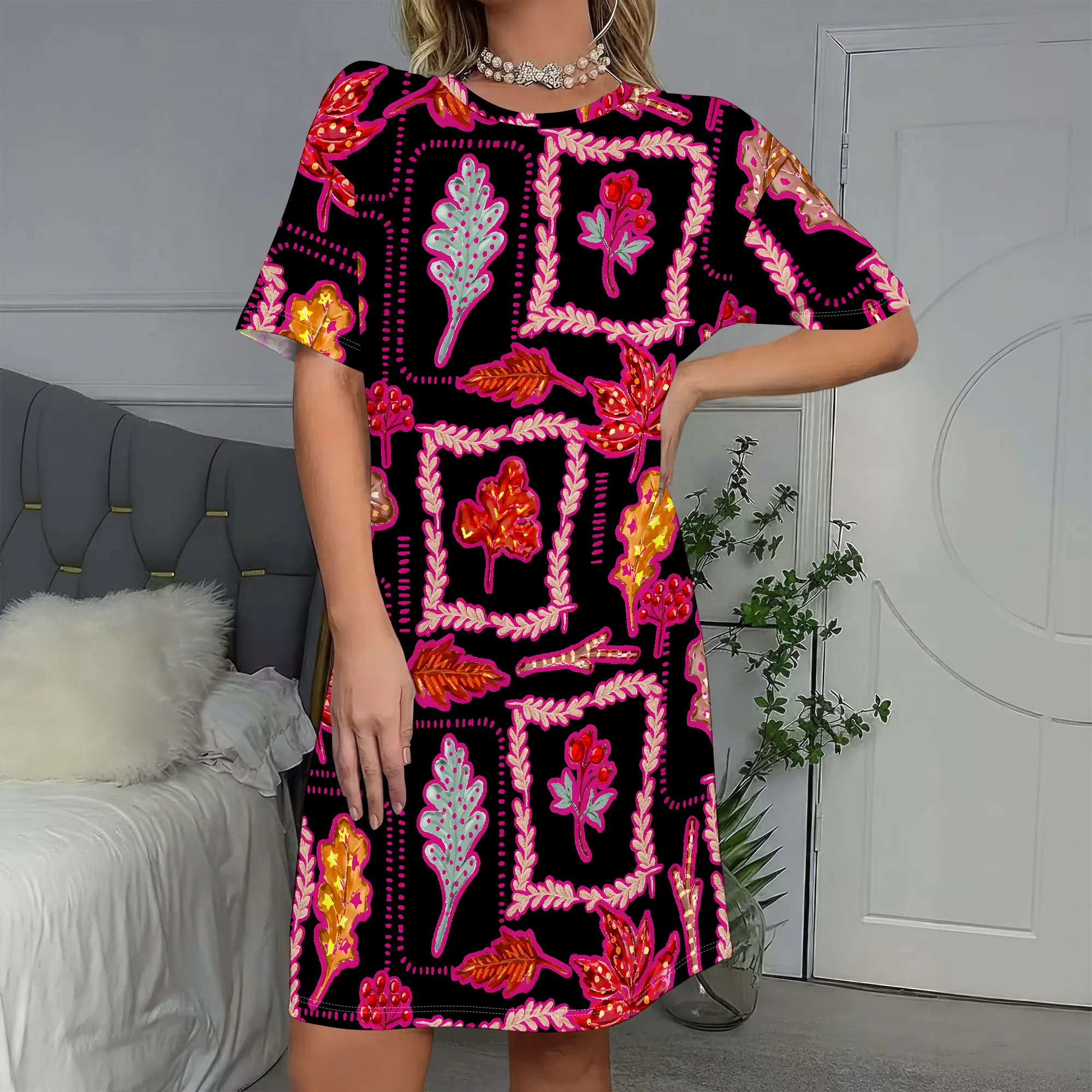 

Vibrant Leaf Print Dress, Boho Tunic with Pink Borders, Floral Patterned Mini Dress for Women, Casual Summer Wear, S-2XL
