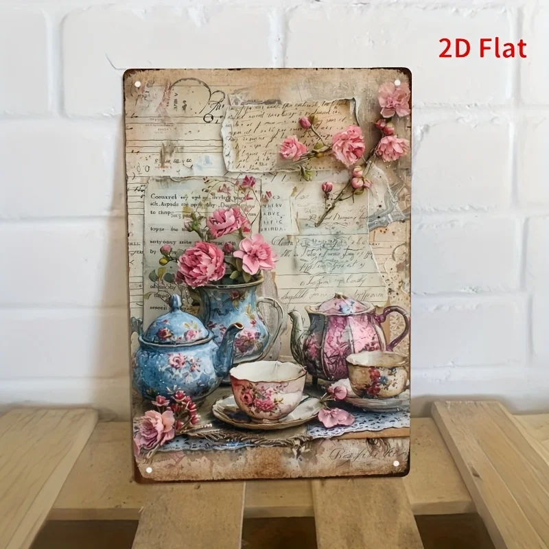 Metall-Wandkunst „Nachmittagstee“ – bedrucktes Blumen-Teekannen- und Rosen-Design, rustikales Eisen-Schild für Zuhause, Küche, Garten, Bürodeko
