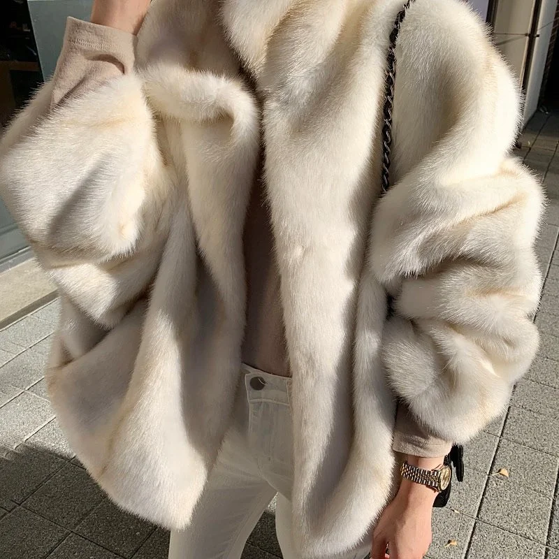 Korea Autumn and Winter Fashion Jacket Women\'s 2022 Temperament Elegant Lapel Slotted Loose Pockets Warm Mink Imitation Fur