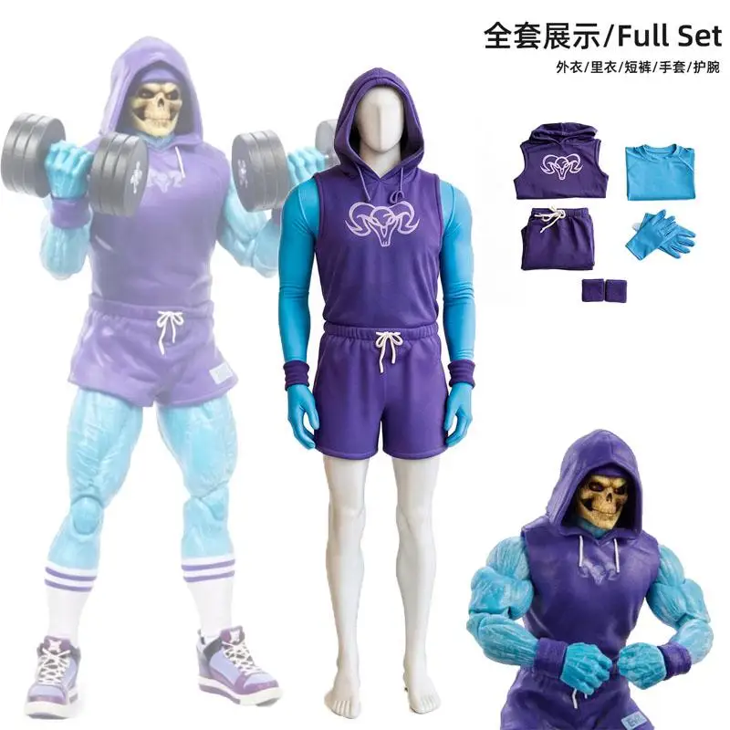 He-Man Gym Bro Skeletor Cosplay Kostüm für Männer Workout Lila Ärmelloser Hoodie Shorts Komplettset für Halloween Comic Con Verkleidung