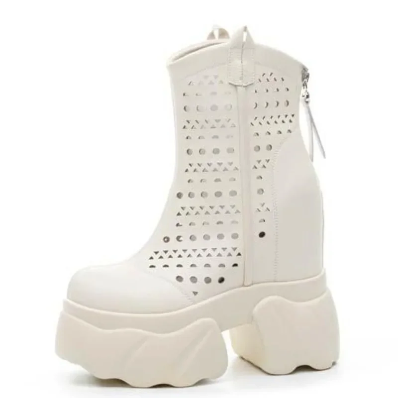 Botines tobilleros de 12CM, zapatos de chimenea, botas de cuero genuino de vaca, plataforma de motocicleta para mujer, mocasines de moda de verano para mujer