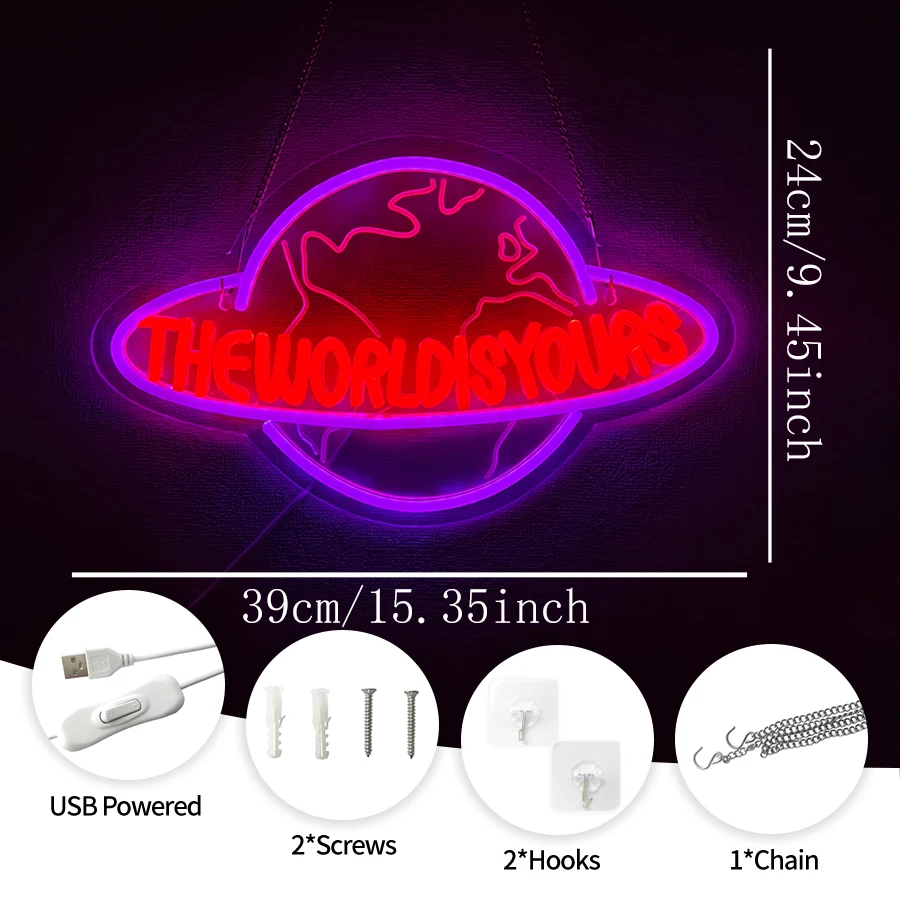 The World Is Yours Neon Sign for Wall Decor,Planet LED Neon Light USB Powered for Bedroom Bar Man Cave Game Room Birthday Gifts - view 3