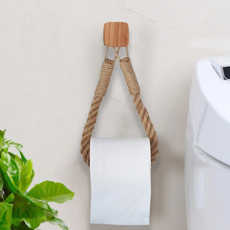 

Vintage Rope Toilet Paper Holder,Rustic Wood Base Wall Mounted Tissue Rack,No Drill Natural Hemp Rope Towel Hanger for Bathroom