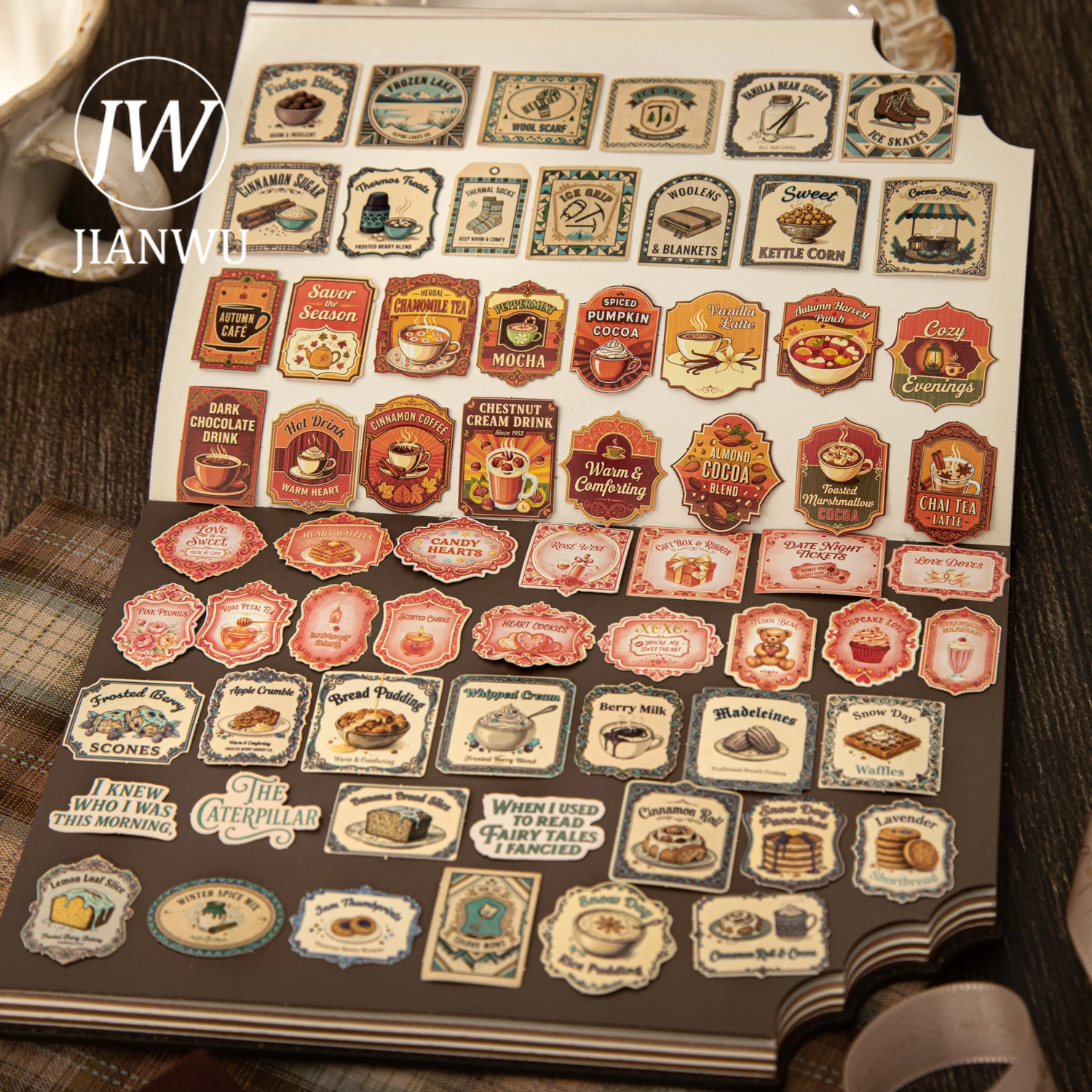 

JIANWU Small Tea Party Series Vintage Coffee Bread Label Landscape Material Collage Boxed Sticker Creative Journal Stationery