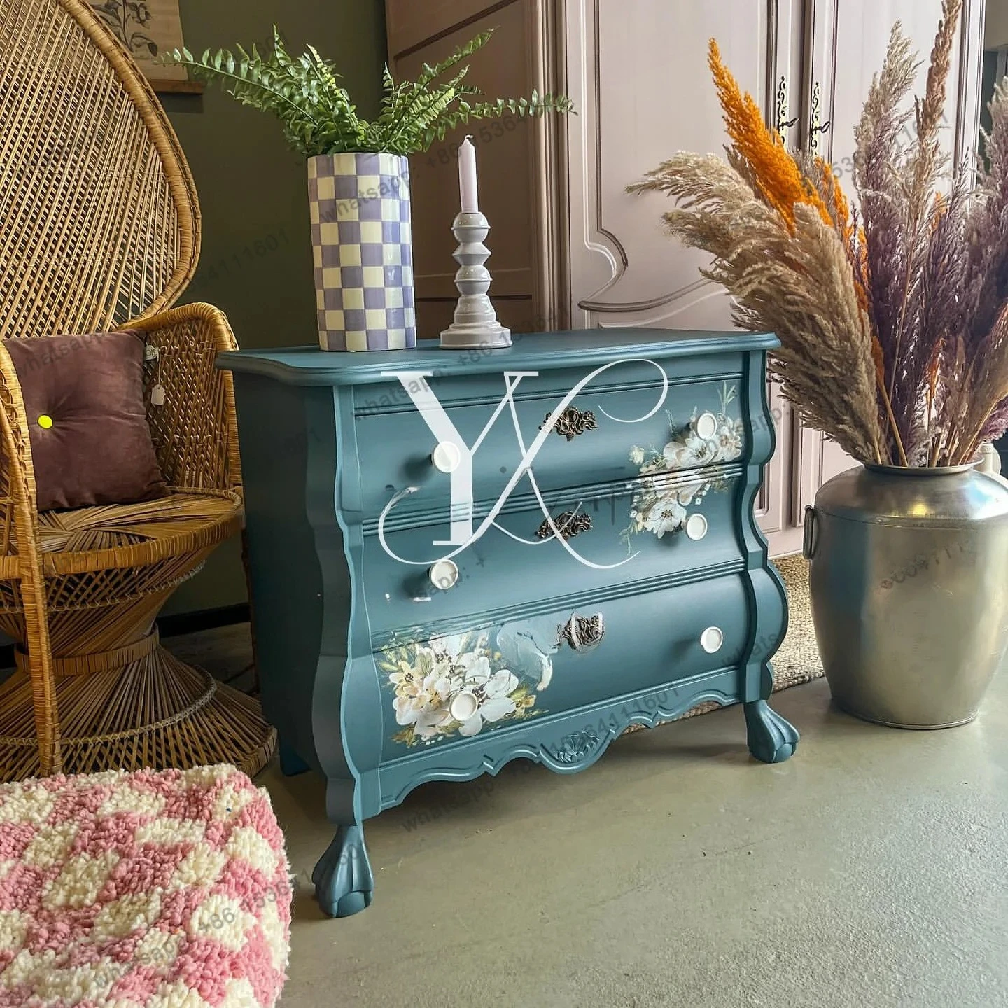 

Retro Solid Wood Hand-painted Storage Three-bucket Cabinet American Modern Simple