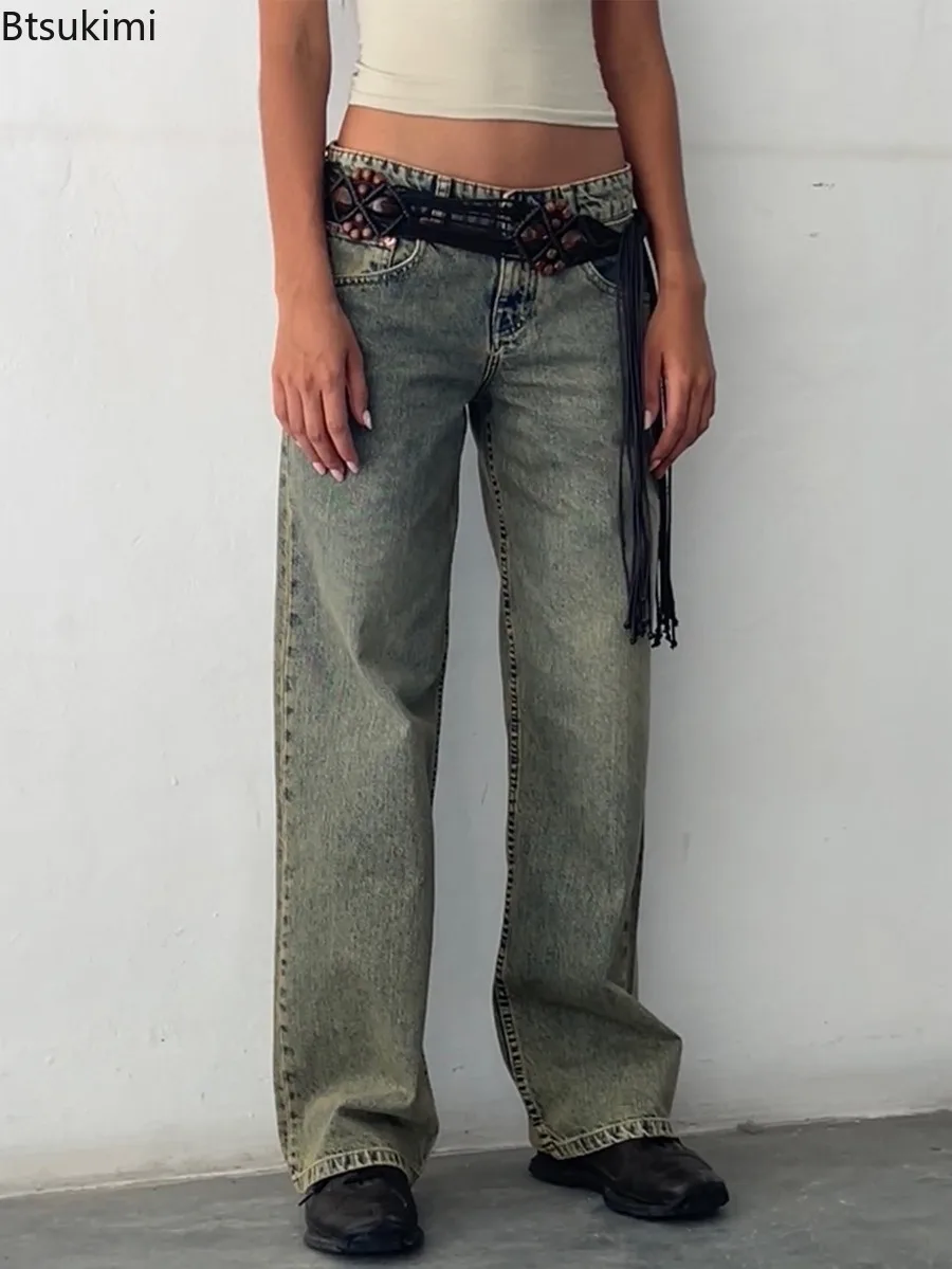 ผู้หญิงวินเทจความงาม Y2k Low Rise Baggy กางเกงยีนส์หลวม Fit กางเกงขากว้างตรงสําหรับผู้หญิงอินเทรนด์ยืดยาวกางเกงยีนส์