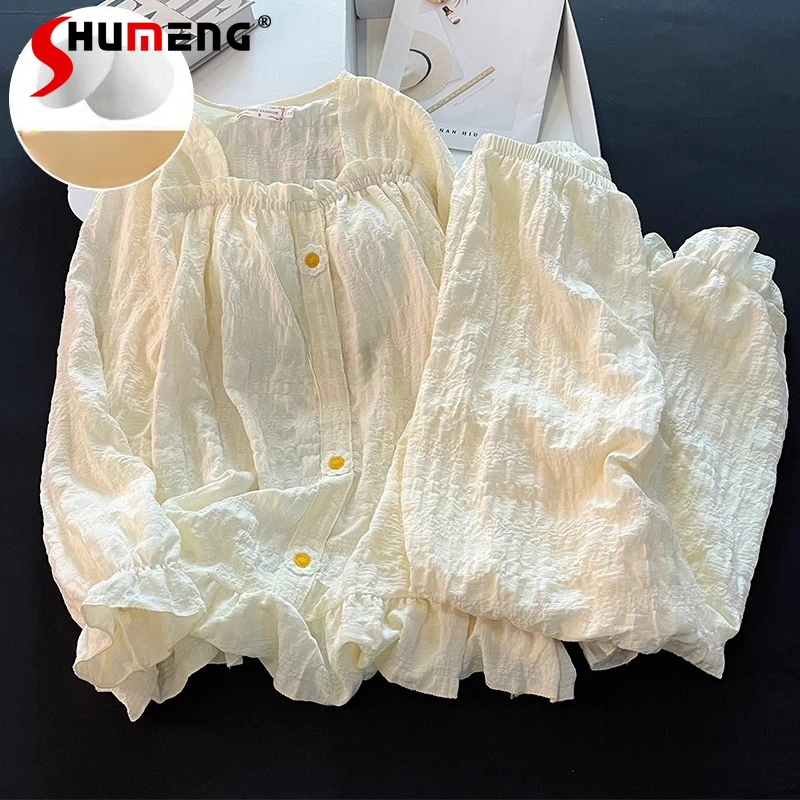 

Sweet Lace Pajamas for Women Spring Autumn Pure Cotton Chest Pads Sleep Wear Lady Apricot Long Sleeve Loose Homewear Set