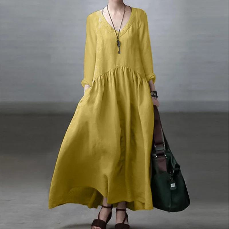 Women Solid Color V Neck Pullover Dresses Loose Waist Sides Pockets Dress Female Comfortable Casual Commuter Large Hem Long Gown