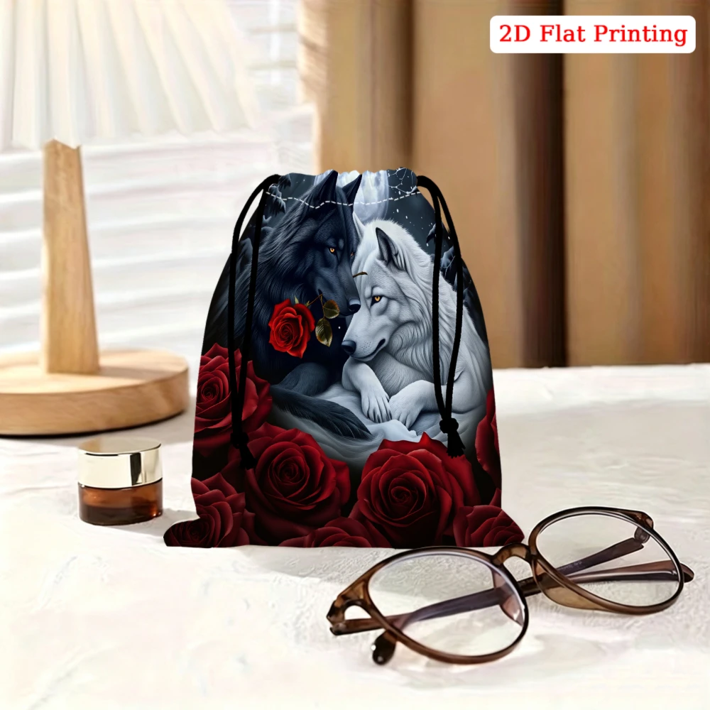 1Pc Wolf And Red Rose Print Drawstring Bag Black Storage Small Pouch For Glasses Jewelry Cosmetics Travel Organizer Portable