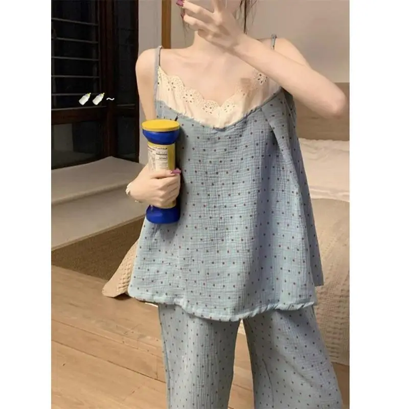 

Женский пижамный комплект, модная домашняя одежда в корейском стиле, летняя майка в горошек с кружевной отделкой, длинные брюки, комплект из двух предметов со встроенным бюстгальтером