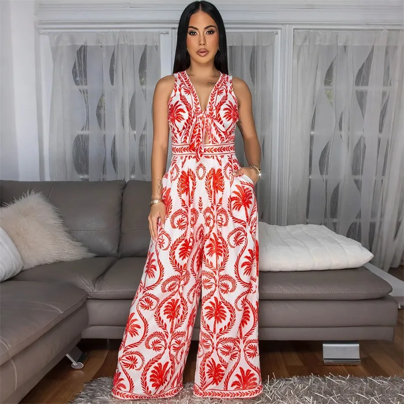 

KEXU Print Wide Leg V-Neck Sleeveless Jumpsuits 2025 Women Summer Beach Vacation Club Party OL Outfits One Piece Suit Romper