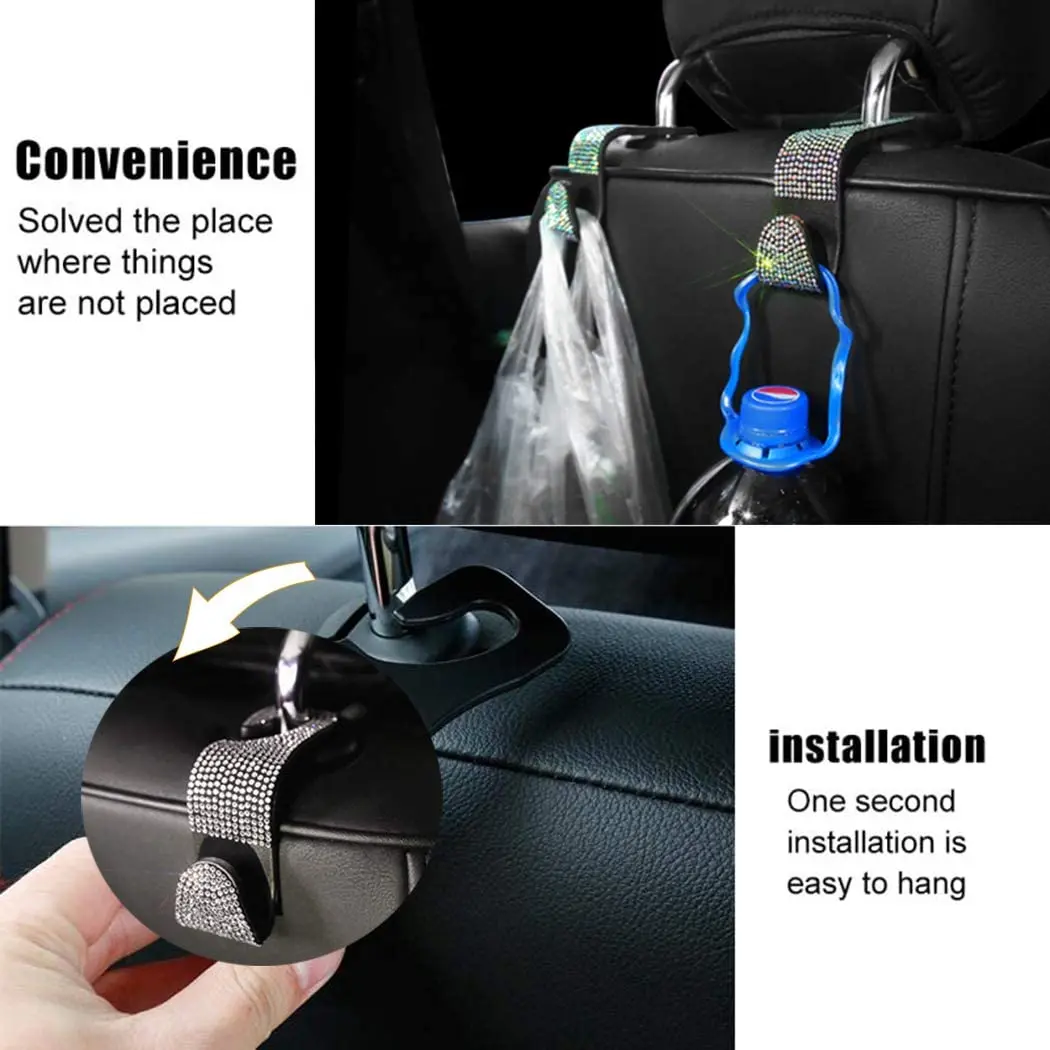 2PCS Car Seat Headrest Hooks Bling Crystal Rhinestone Storage Hanger Heavy Duty Auto Back Seat Hook for Purse Bag Coat Organizer