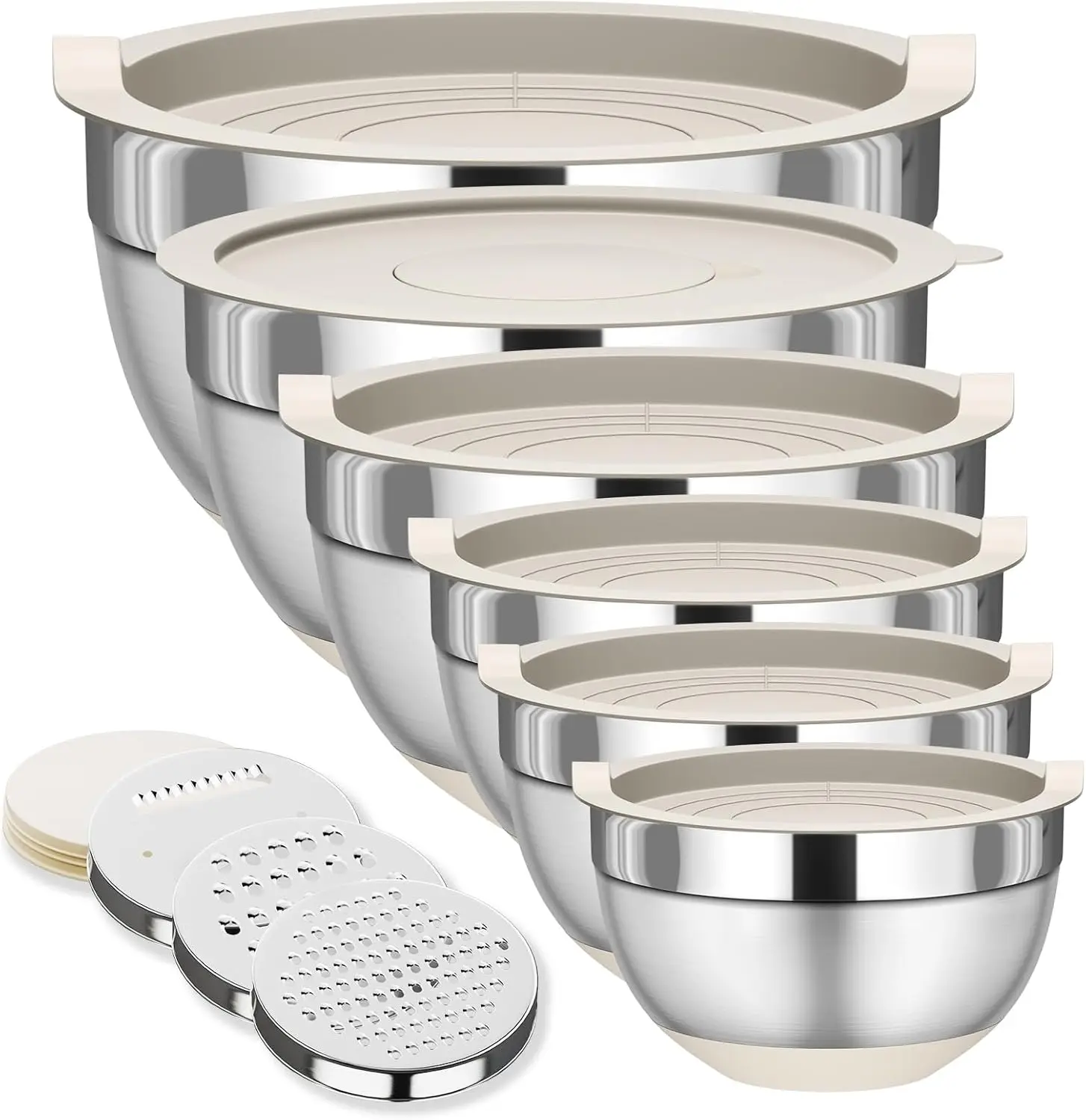 Mixing Bowls with Lids Set, 6 Piece Stainless Steel Nesting Storage Bowls for Kitchen, with 3 Grater Attachments & Non-Slip Bott