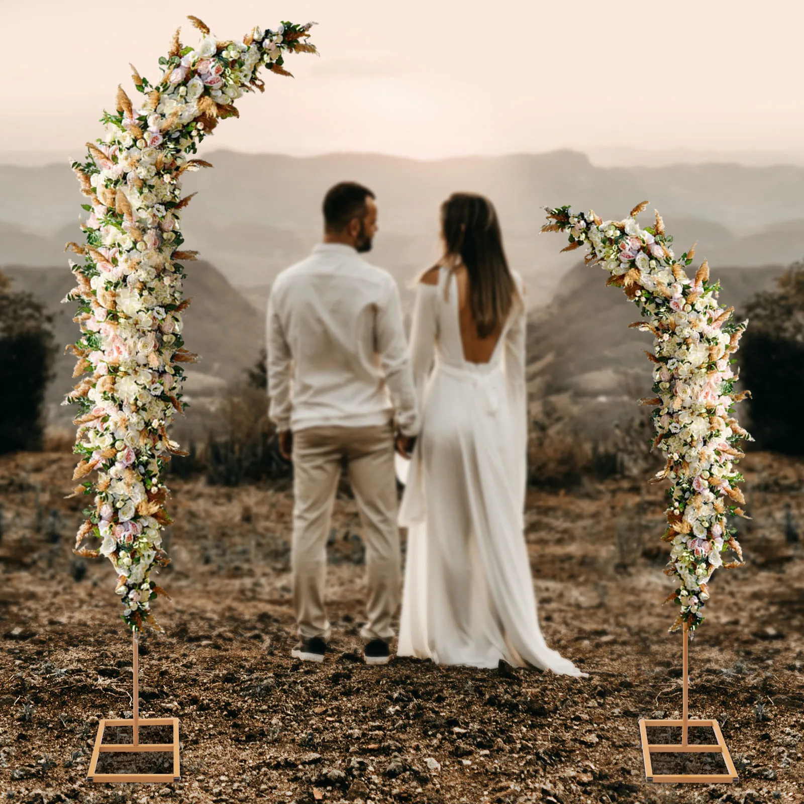 Set of 2 Gold Metal Curved Top Wedding Arch Frames, Balloon Flower Backdrop Stands - 6ft, 8ft